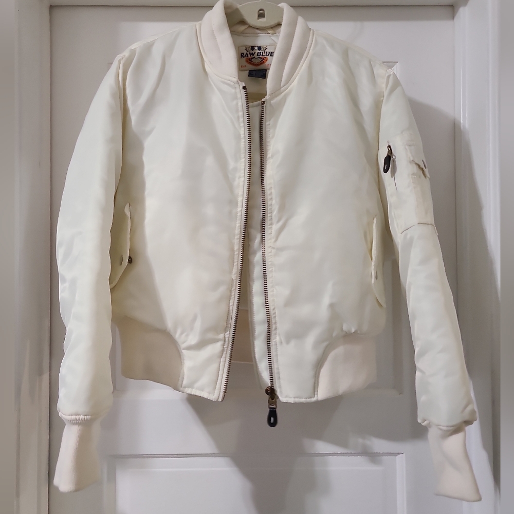 Vintage Raw Blue Brand Ivory Bomber Jacket SIZE Large